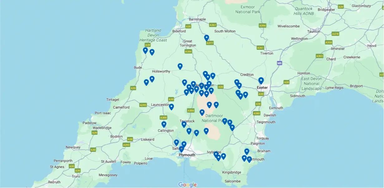 Map showing our locations in Devon